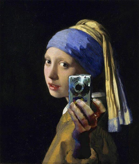 Girl with a Pearl Earring and a Silver Camera. Digital mashup after Johannes Vermeer, attributed to Mitchell Grafton. c.2012.